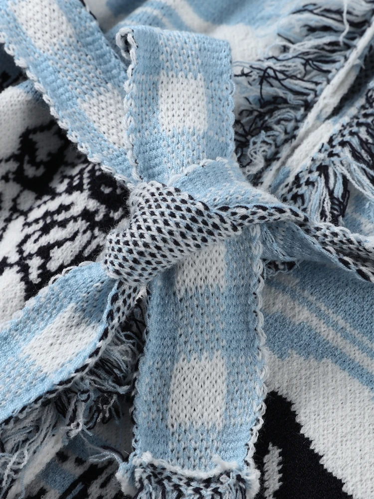 Jacquard-Strickjacken mit Gürtel und Quasten für Damen, eleganter Umlegekragen, lange Ärmel, lockere Strickware, schicke Damen-Partykleidung, neu – Detail 7
