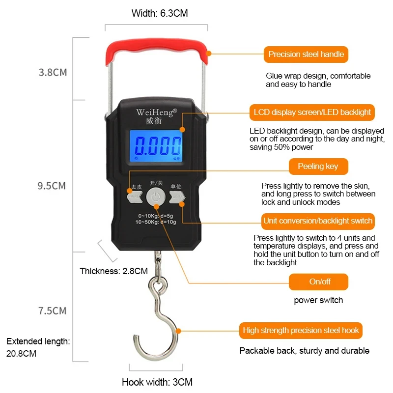 50Kg/5g przenośna waga LCD cyfrowa wędkarska waga wisząca waga bagażowa waga bagażowa waga podróżna elektroniczne narzędzie do wagi