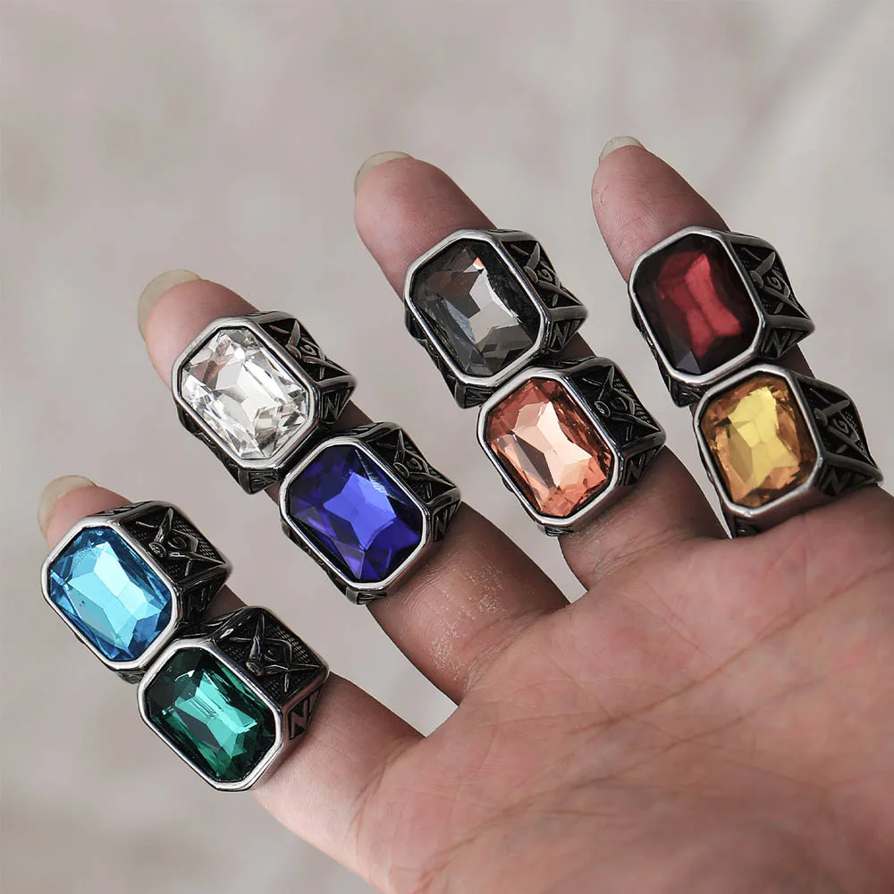 Punk Creative Multi Colored Stone Ring for Men Women Party Vintage Stainless Steel Masonic Letter G Ring Jewelry Gift Wholesale