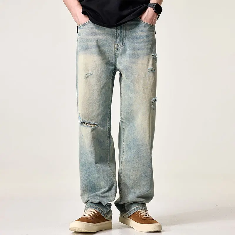 

Men's Fashion New Style 2025 Spring/Summer Youth Casual Loose Hole Straight leg Jeans ripped jeans wide leg jeans