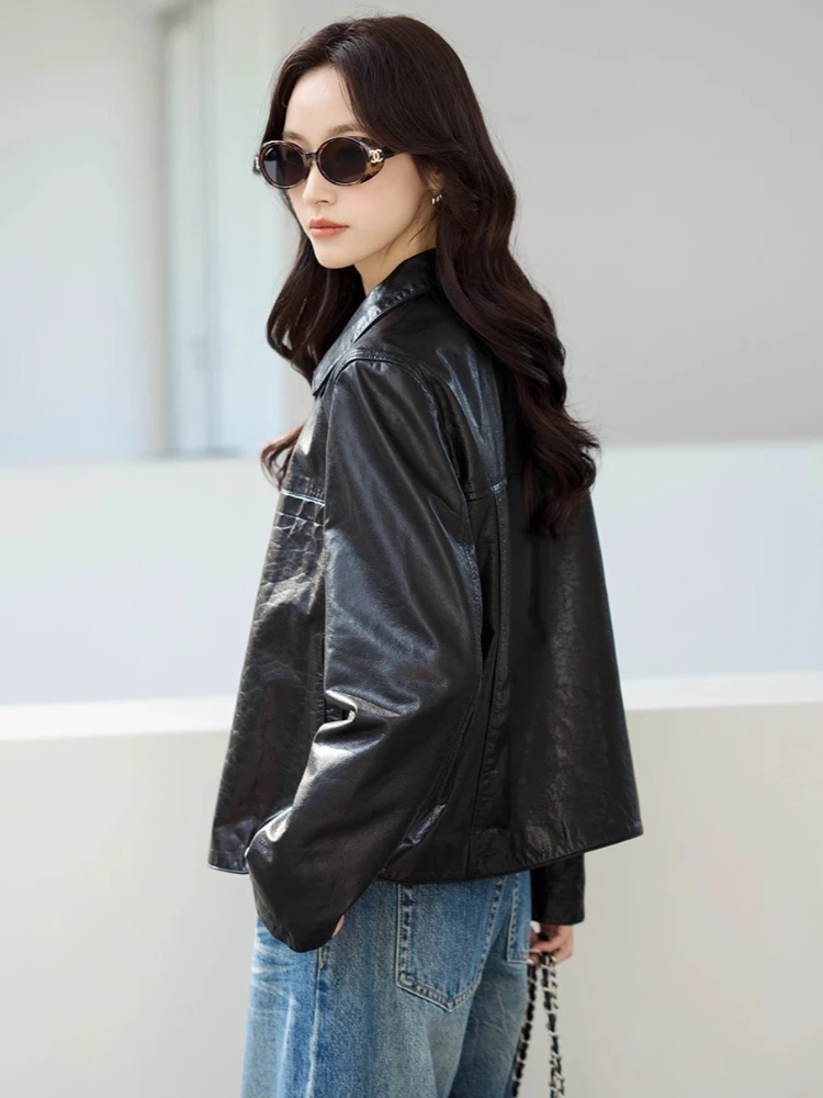 سترات دراجة نارية من الجلد الطبيعي باللون الأسود للنساء لربيع وخريف 2025 معطف جديد عالي الجودة بسيط وبسيط من جلد البقر الحقيقي #6