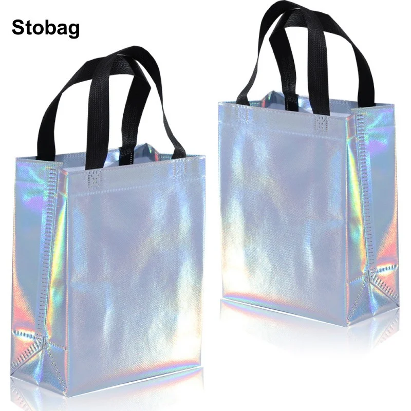 StoBag 50pcs Wholesale Laser Non-woven Tote Bags Gift Packaging Shopping Portable Fabric Reusable Pouch Custom Logo(Extra Fee)