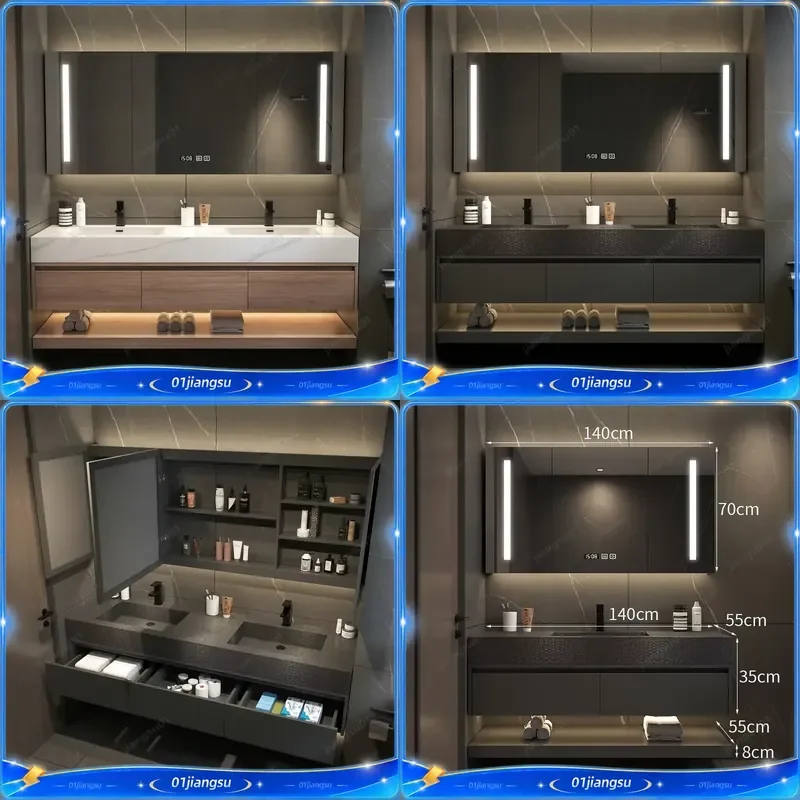 Luxury 120-180cm Slate Integrated Vanity Bathroom Cabinet Seamless Washbasin Storage Furniture Home Locker with Drawers