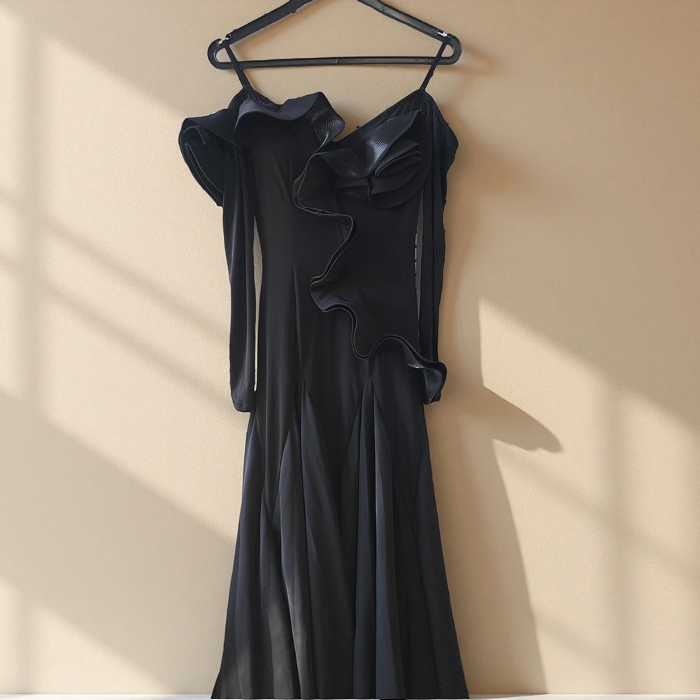 Sukienka na zawody tańca standardowego Walc Czarna Długi Rękaw Taniec Towarzyski Falbanki Nowa bordowa Sukienka do Ćwiczeń