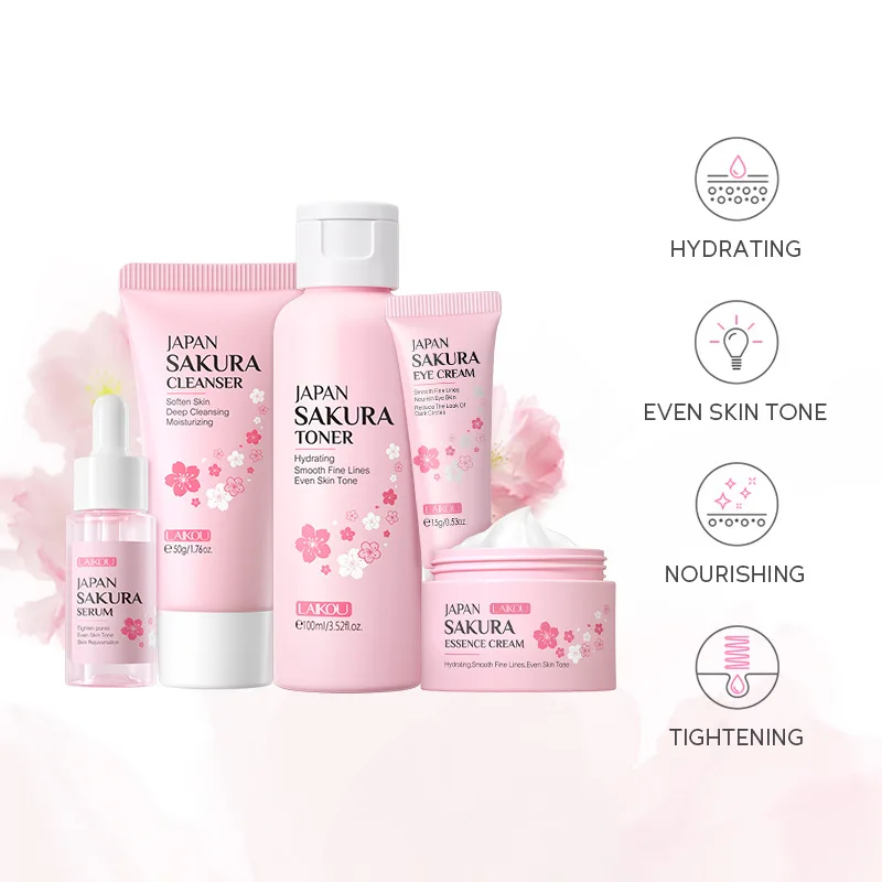 6pcs Sakura Facial Cleaner Korean Face Serum Anti Acne Peeling Gel Moisturize Fade Dark Circles Eye Cream Face Skin Care Set