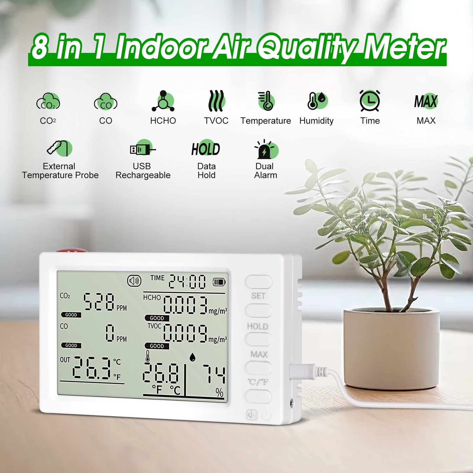 8-in-1 Air Quality Monitor CO2 HCHO TVOC CO Detector Temperature Humidity Indoor Air Tester with Probe Portable USB Rechargeable
