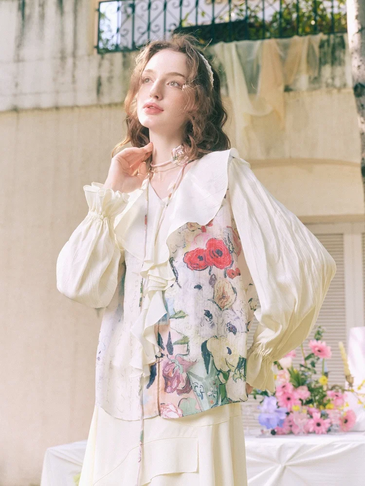 

Весенний женский комплект 2026: топ с кружевным воротником и шифоновая блузка с длинным рукавом на поясе, с цветочным принтом, свободного кроя