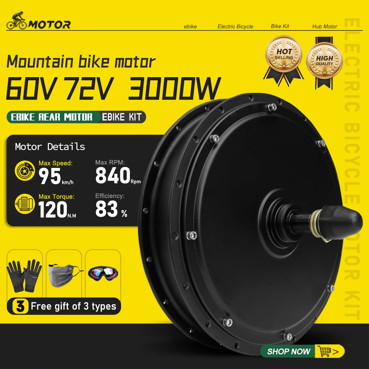 

60V 72V 3000W Electric Bicycle Motor E-bike Rear Rotate Brushless Non-gear Hub Motor Drive for Ebike Conversion Kit and Scooter