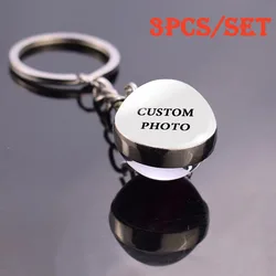 3 Pcs/set Customized DIY Keychains Personalized Photos Illuminated at Night  Silver Chain with Double-sided Glass Ball Structure