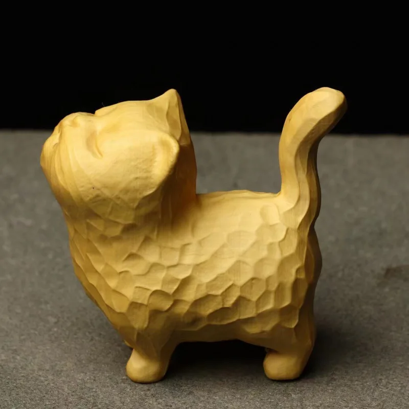 Boxwood Solid Wood Carved Cute Arrogant Cat Hand Piece Fortune Kitty Portable Play Animal Wood Craft Ornament