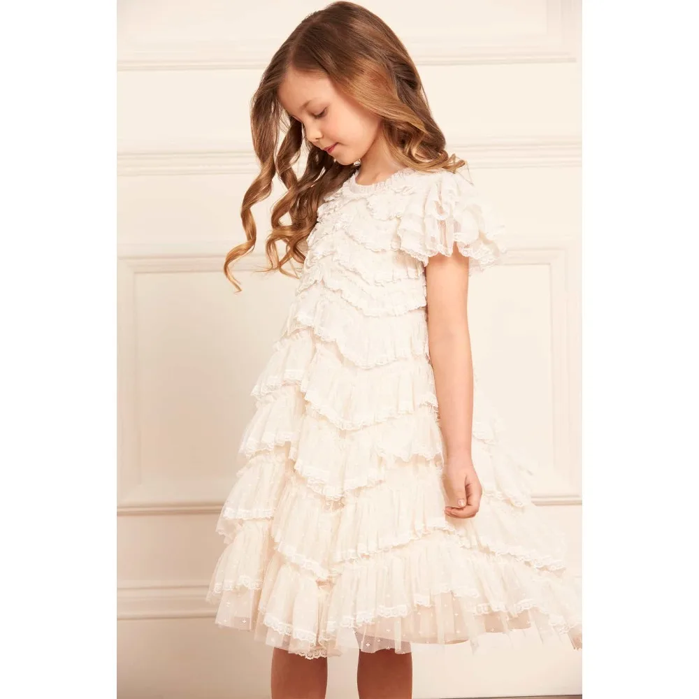 

Customized Dressy Ruched Flower Girl Dress for Wedding 2026 Kids' Ball Gown Midi Tulle Birthday Party First Communion Kids Gowns