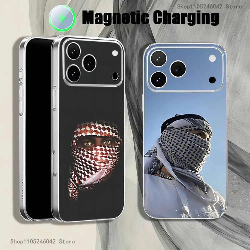 

Fashion Hattah Keffiyeh Magnetic Wireless Charging Transparent White Phone Case For iPhone 17,16,15,14,13,12,11,Pro,Max,Plus