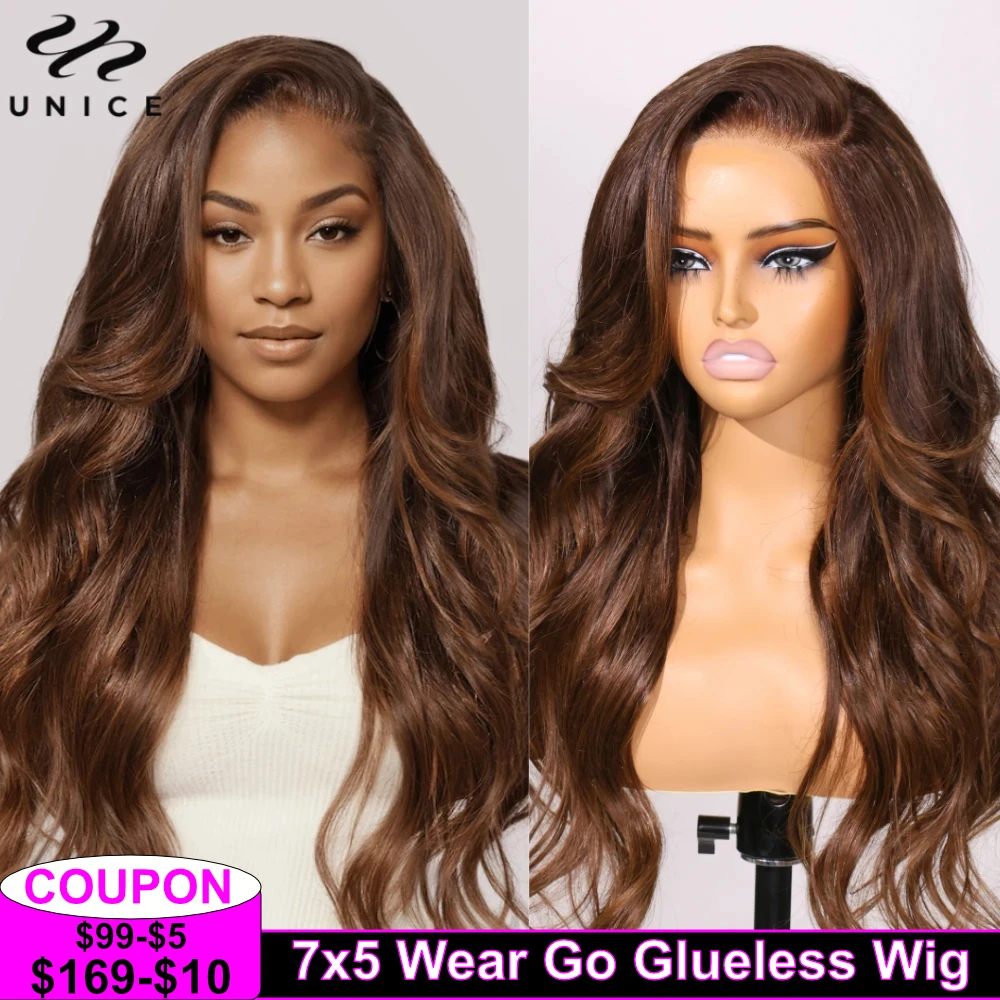 UNice Bye Bye Knots 7x5 Lace Closure Caramel Brown Loose Wave Wig Pre Cut Pre Bleached Glueless Wig Human Hair Ready To Wear Go