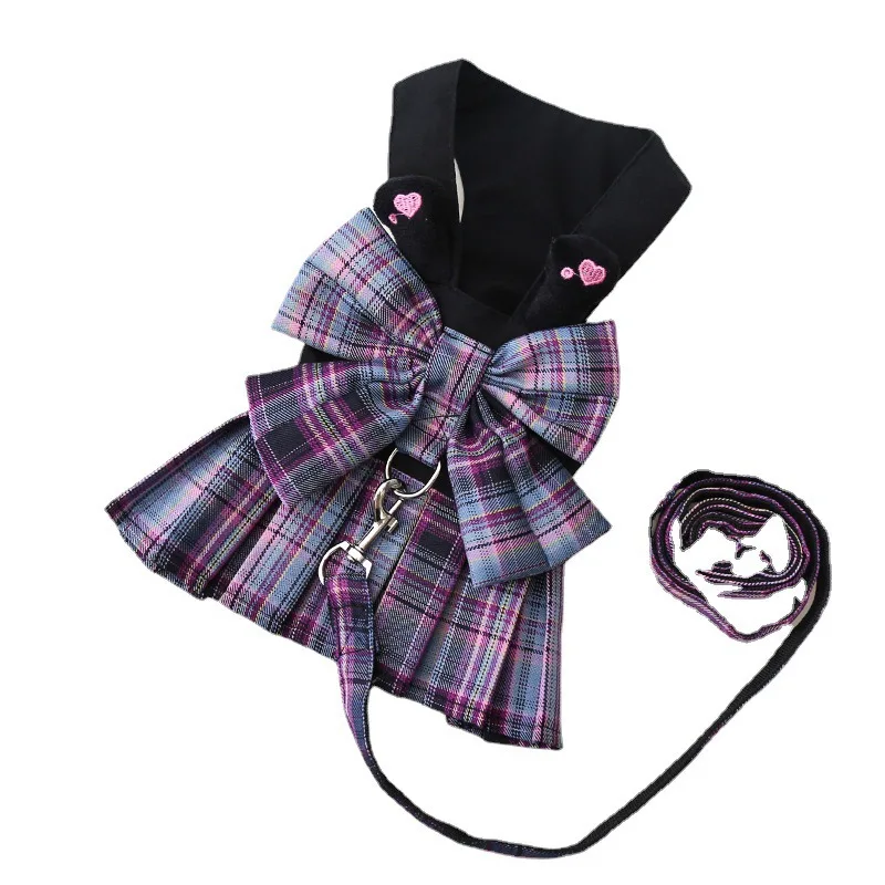 Plaid Dog Dress Bow Tie Harness Leash Set  for Summer Clothes for Bunny Rabbit Cat Clothes Yorkie Chihuahua Training Walking