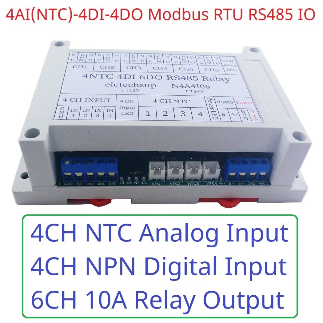 

DC 12V/24V Multi-function Temperature Collector 10-14MA 14 Channel 4NTC-4DI-6DO PLC IO Expansion Board Supports Modbus RTU