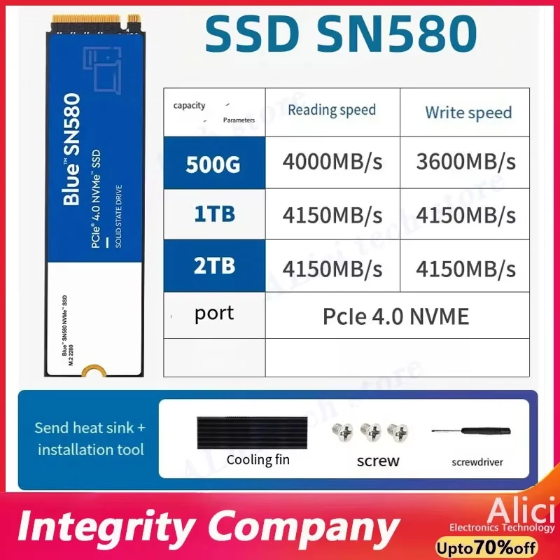 Original FOR WD SSD SN580 NVMe Blue 2TB 1TB 500GB PCIe 4.0 * 4 M.2 2280 Internal Solid State Drive For Laptops PC