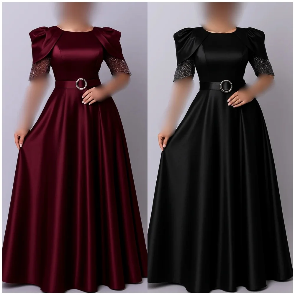 

Customized High Quality Elegant Charmeuse Sequined Pleat A-line Scoop Neck Long Dresses Bespoke Occasion Dresses Sizes Available