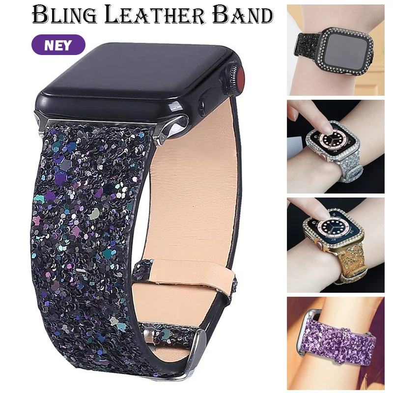 Glitter Bling Band for Apple Watch ultra 49mm 38mm 40/41mm 42mm 44mm 41mm 45mm Shiny Leather Strap IWatch Series 8 7 6 5 4 3 SE