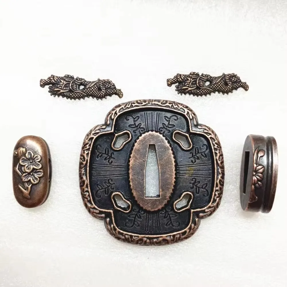 A Set Alloy Tsuba Kashira FuchI Menuki Fittings For Japanese Sword Samurai Katana Accessory