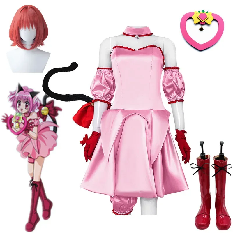 Tokyo Mew Mew Ichigo Momomiya Mew Ichigo Transformed Short Pink Dress Cosplay Costume with Cat Ears and Tail