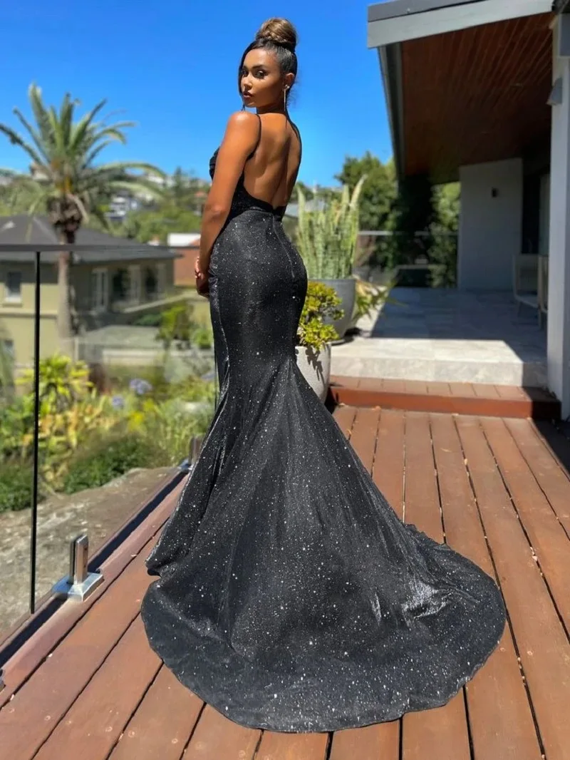 Vestido de noche de sirena con espalda descubierta para mujer, Vestido de novia elegante hasta el suelo, Vestido de dama de honor, moda brillante Sapghetti