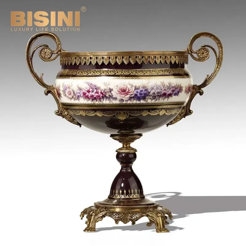 Stylish European Style Porcelain & Copper Double Tiered Fruit Bowl Hand Painted Floral Patterns Dual Level Ornamental Fruit