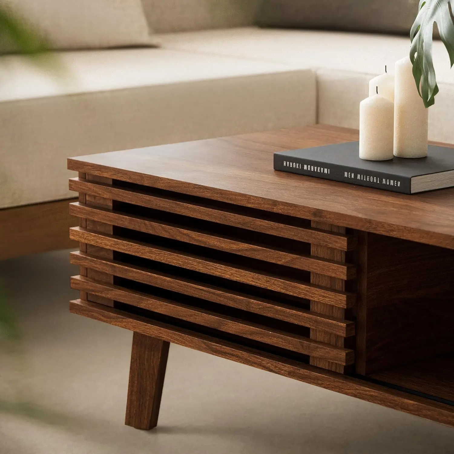 Mid Century Coffee Table With Storage & Sliding Fence Door, Modern Coffee Tables For Living Room, Walnut