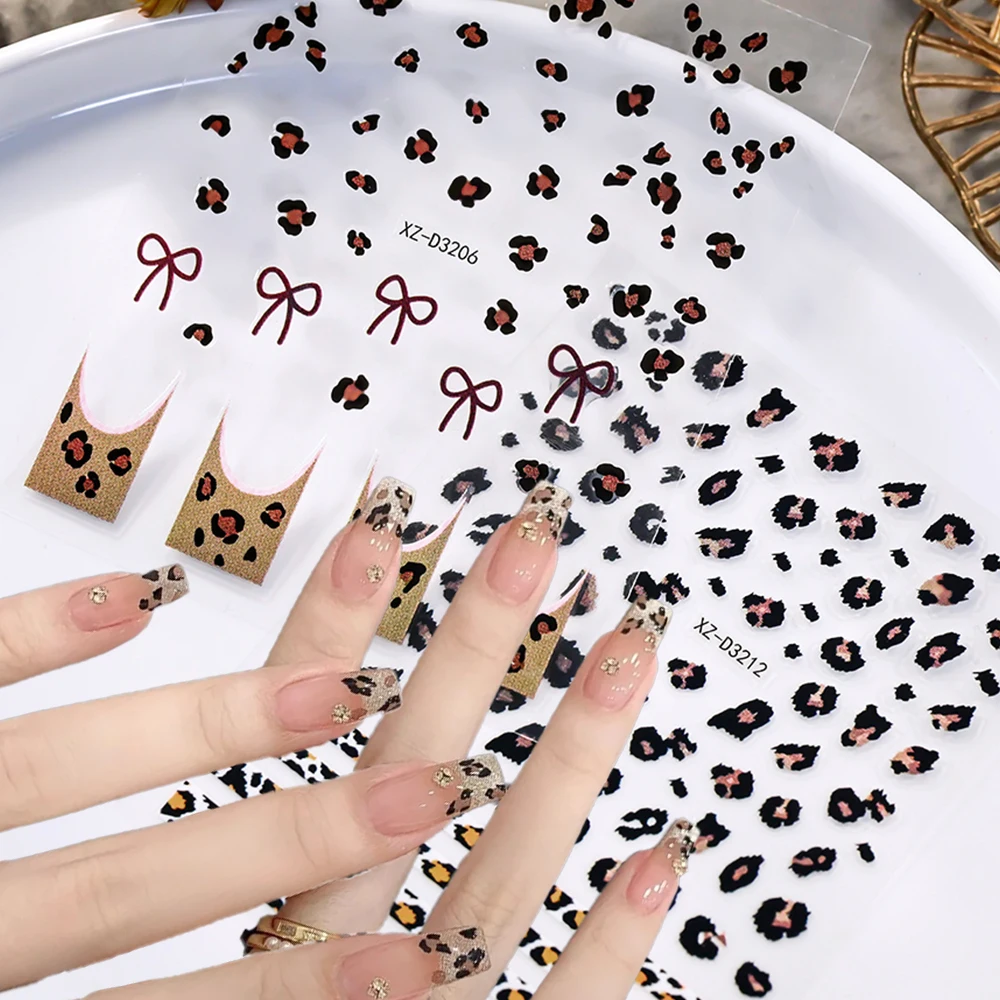

1Pcs 3D Leopard Print Nail Art Sticker Bow Leopard French Self Adhesive Nail Stickers Pink/Black/Brown Leopard Manicure Decals*&