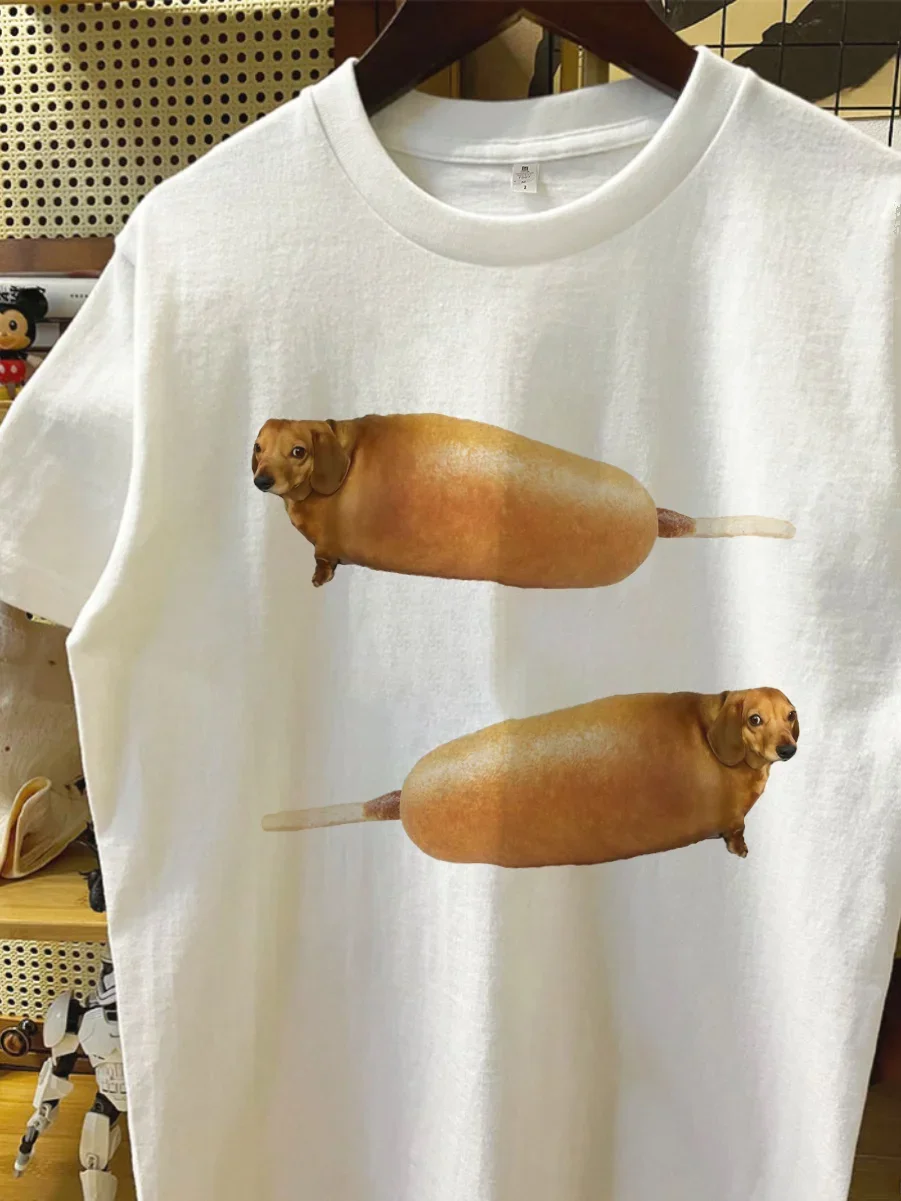 Creative Corn Hot Dog Print Double-Sided Unisex Couple Short-Sleeved Sports Artistic Cartoon Fun  Pure Cotton T-Shirt