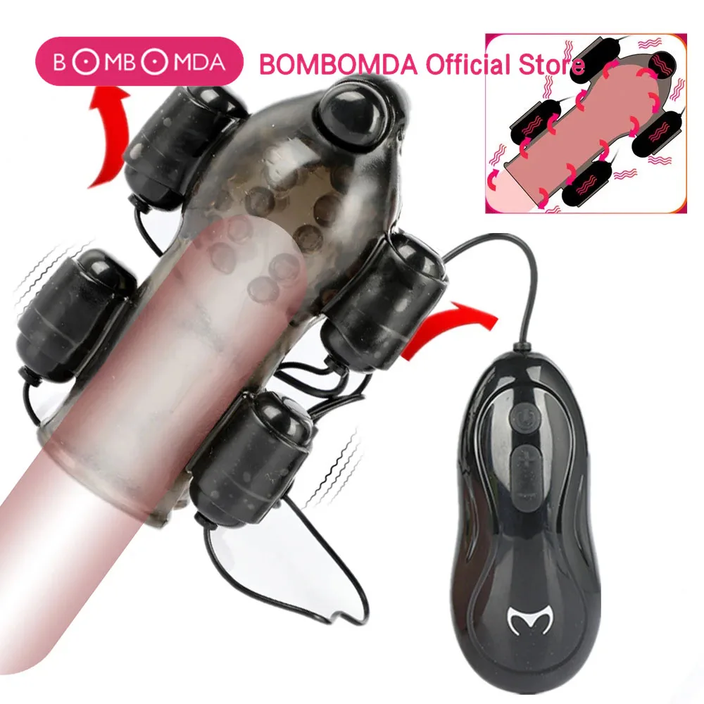 Electric Shock Glans Vibrators Ring For Male Masturbator Penis Delay Lasting Trainer Massager With 5 Caps Adult Sex Toy For Men