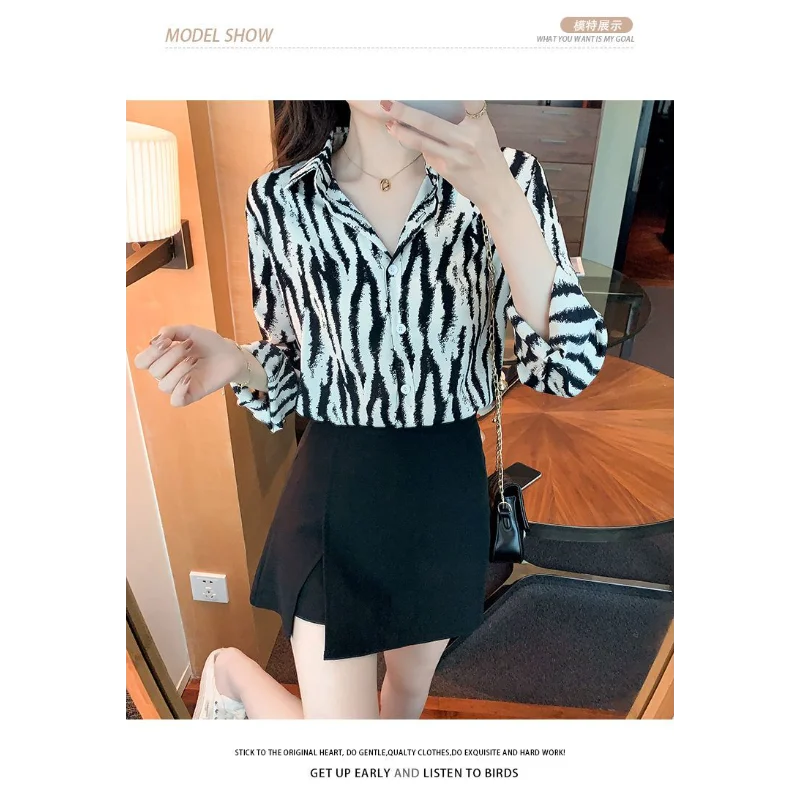 

2025 New Autumn Style Spliced POLO Collar Button Chiffon Versatile Top Lapel Zebra Print Long-sleeved Shirt