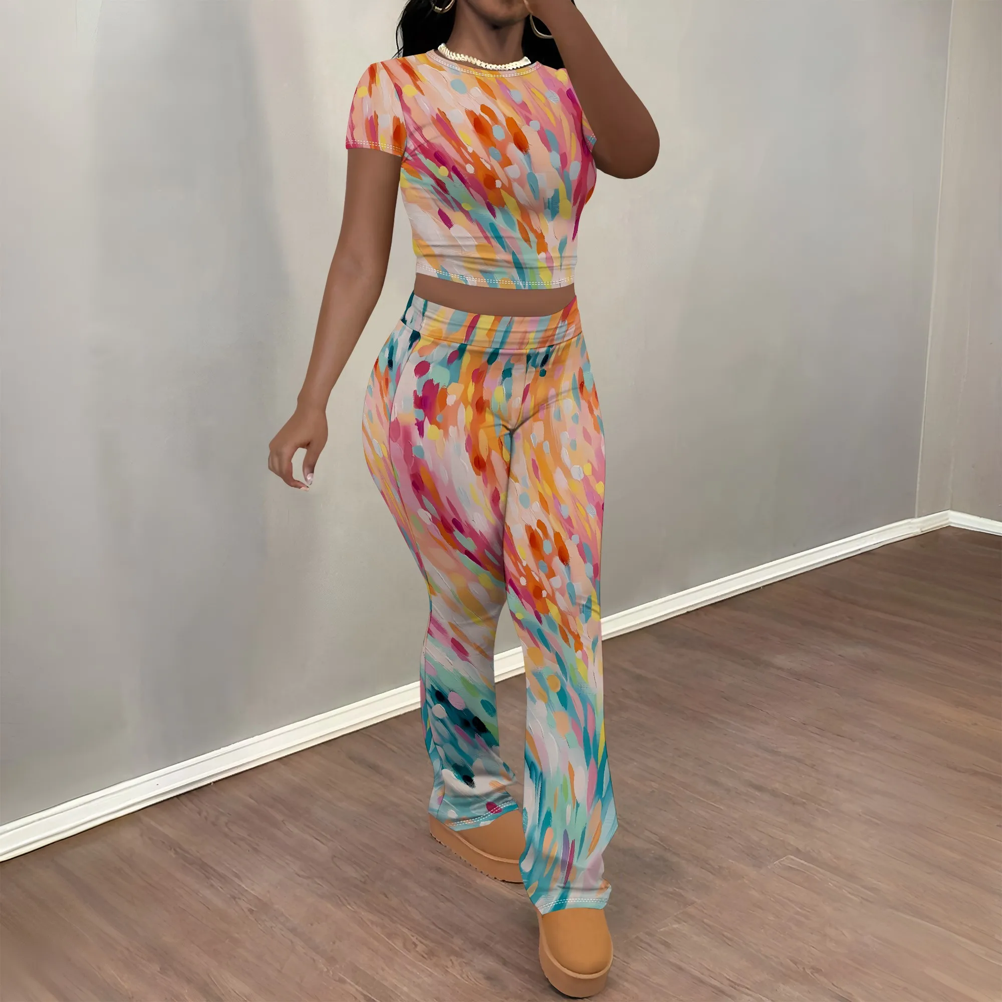 

Nupusa Colorful Splash Print Two - Piece Set for Women Standard Size Summer Casual Crew Neck Short Sleeve Outfit