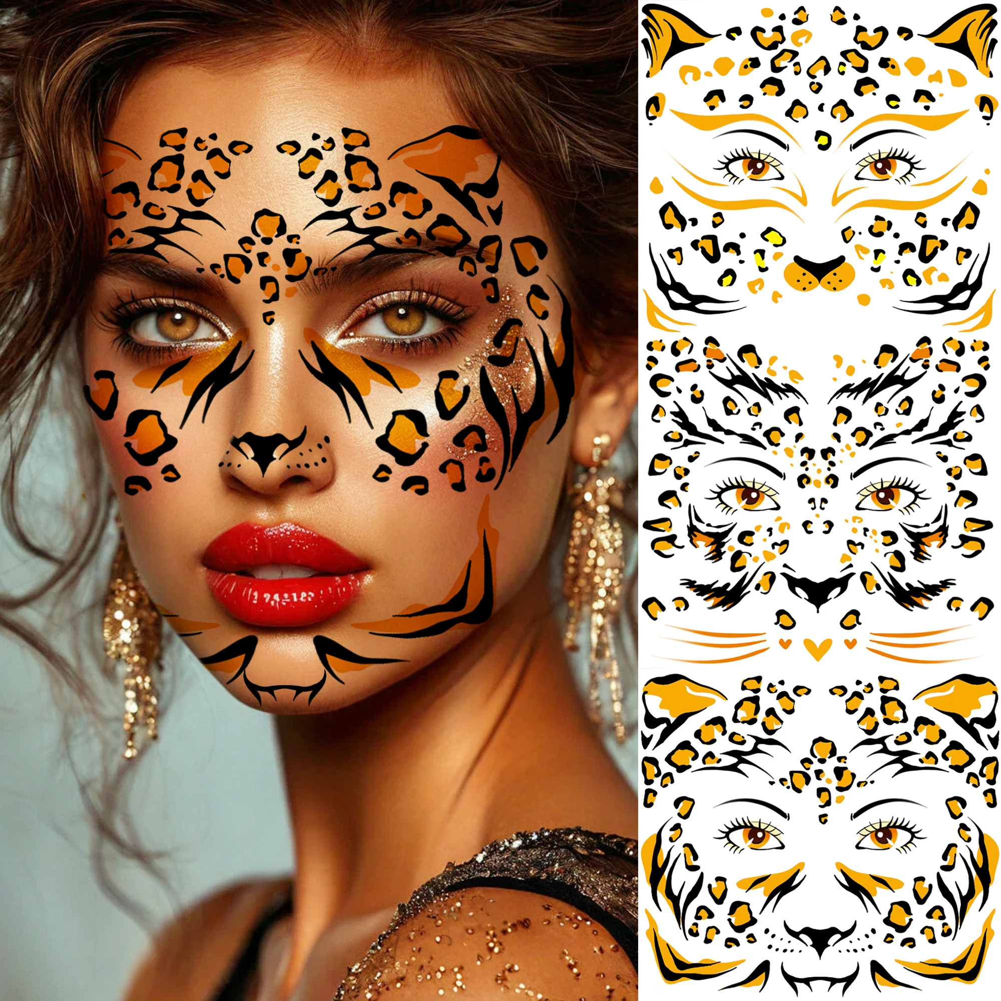 1 Sheet Halloween Glitter Gold Metallic Leopard Print Temporary Tattoos For Women,  Last Longing Waterproof Fake Tattoo Stickers