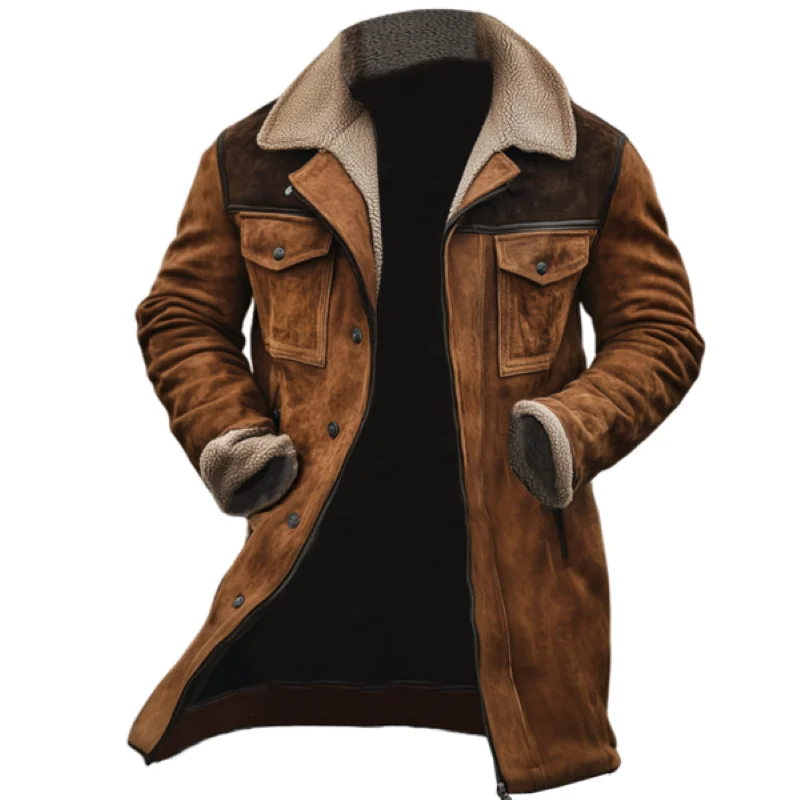 

Men's Vintage Suede Patchwork Lamb Fleece Multi-Pocket Reverse Collar Outdoor Jacket Coat