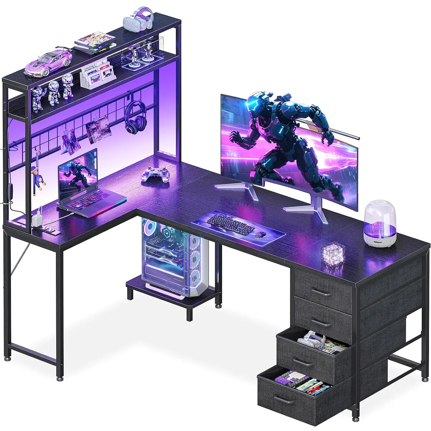 L Shaped Gaming Desk With Hutch 4 Drawers LED Lights 59 Inch Black, Customized