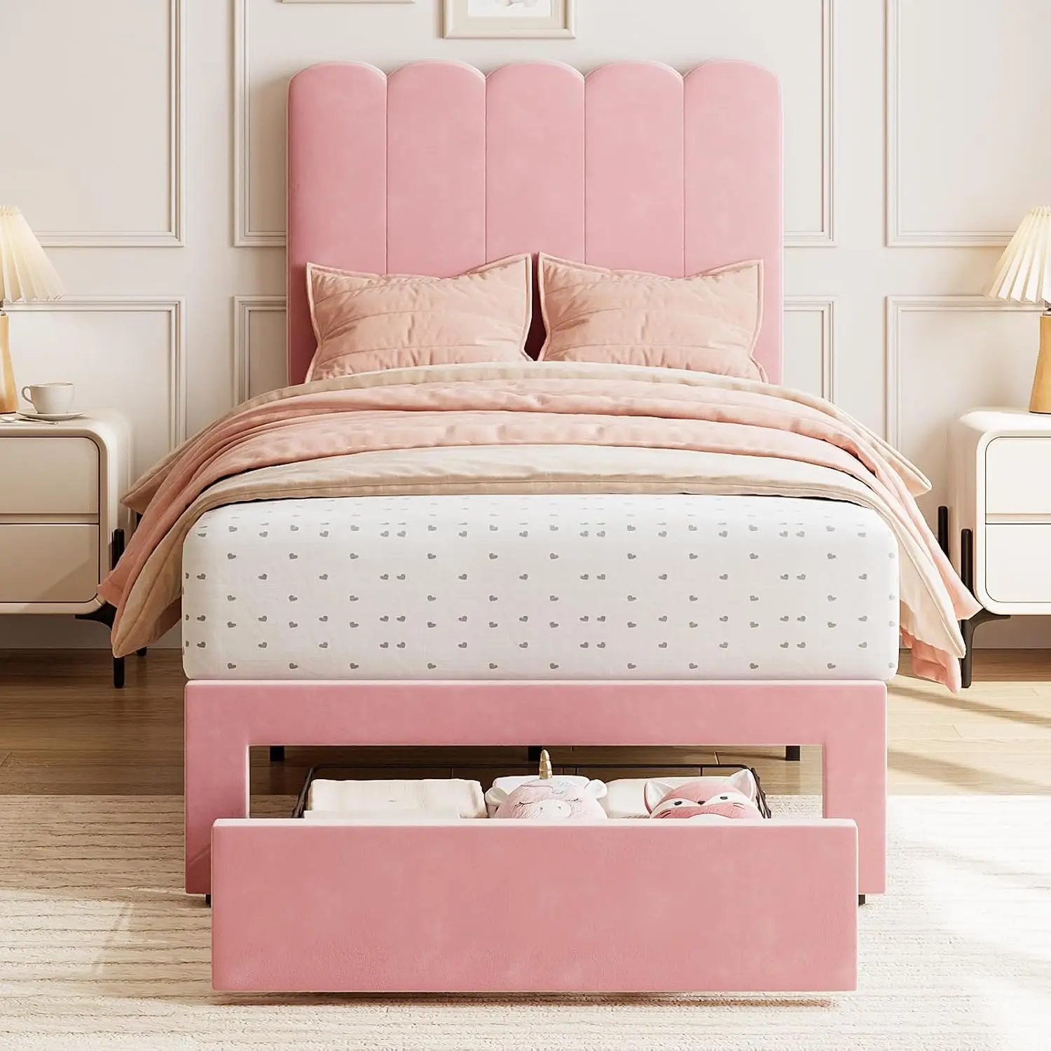 Pink Velvet Upholstered Platform Bed with Storage Drawer, Customized