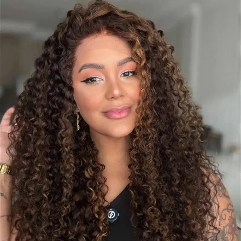 

Длинный парик с глубокими вьющимися волнами 13x4 Ombre Brown Blonde HD Парик фронта шнурка из смеси человеческих волос Натуральные предварительно выщипанные волосы с детскими волосами