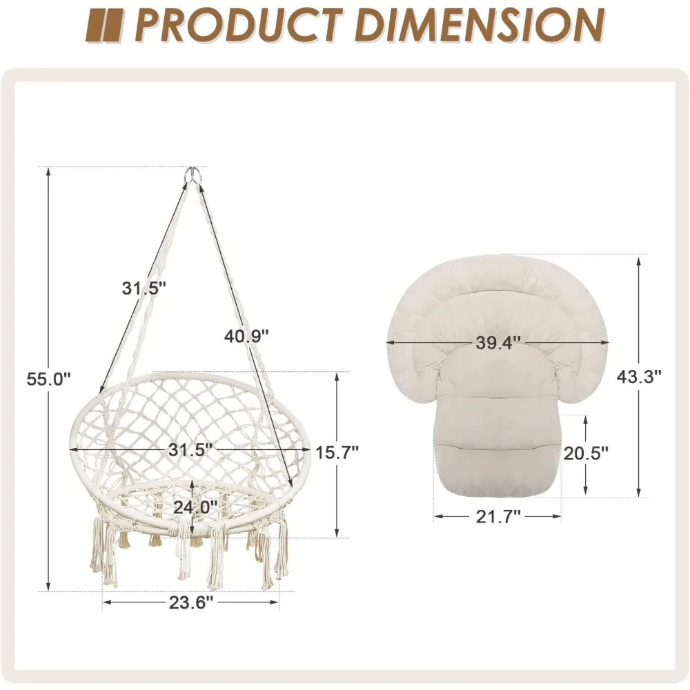 Hammock Chair with Cushion, Handmade Macrame Swing Chair with Hanging Hardware Kits