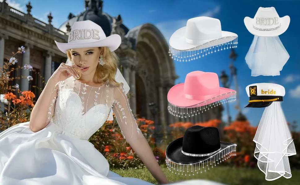 Braut-Cowgirl-Hut für Junggesellenabschied, Strass, weißer Cowboyhut für Frauen, Braut als Geschenk, Halloween-Kostüm – Detail 4