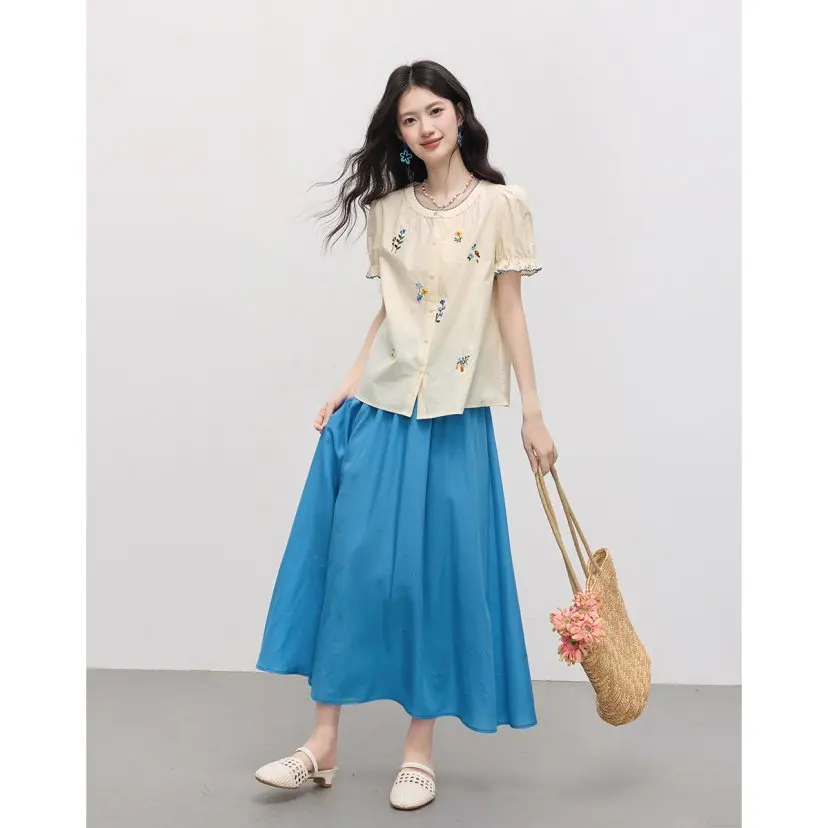 

New Summer Fashion Women's Matching Sets Embroidery O-neck Short Sleeve Shirt Top + A-line Midi Skirt Two Piece Set