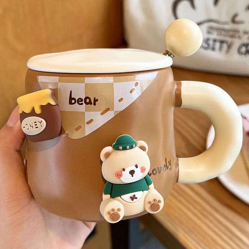 Cute Animal Coffee Mug With Lid And Spoon 420ml Bear Ceramic Breakfast Cups Kwaii Drinking Cup with Handle For Latte Milk