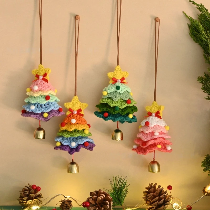New Knitted Christmas Tree With Jingle Bell Plush Christmas Hanging Charm Wool Crochet Christmas Tree For Christmas Party Decor