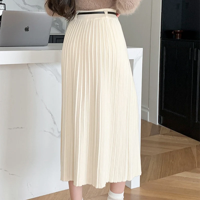Elegante cintura alta saias de malha feminina primavera outono solto plissado meados de longo saias mulher chique saias de cor sólida feminino