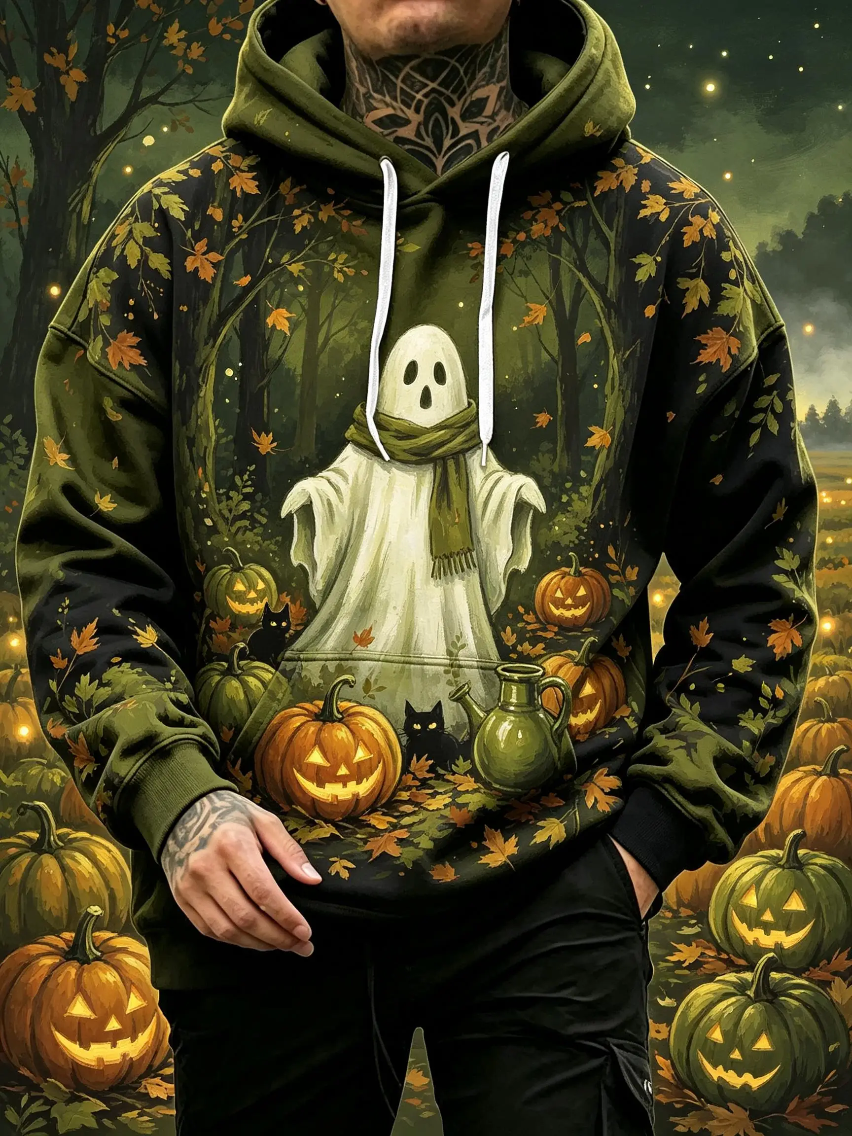 Men's Hoodie Green Ghost Scarf Pumpkin Forest Print Breathable Soft Pullover Sweatshirt for Halloween Party Daily Wear