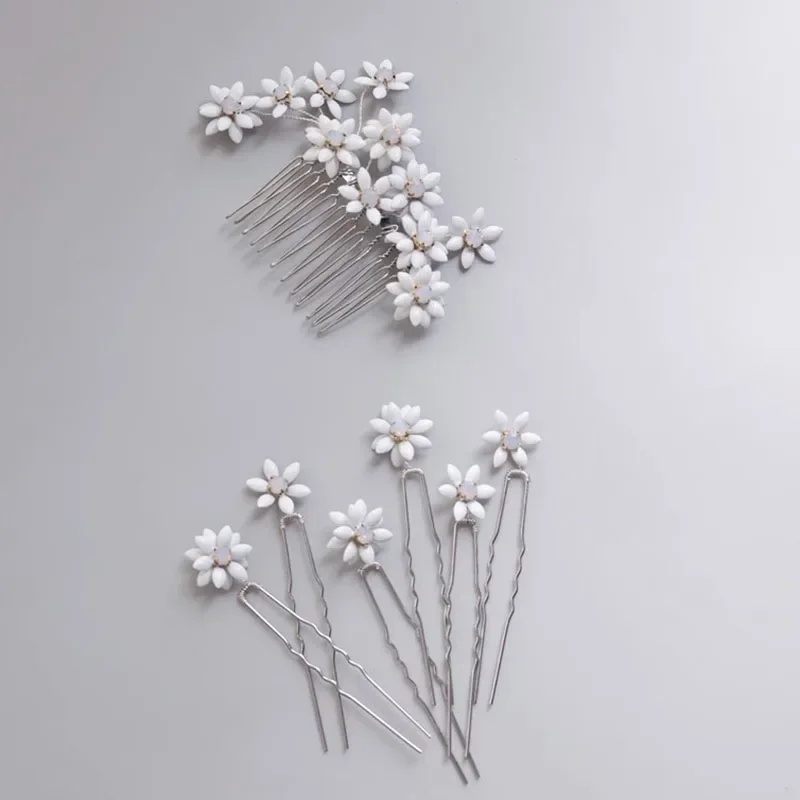 Pretty White Flower Hair Comb Bridal Pins Set Silver Color Wedding Girls Headpiece Women Bobby Pin