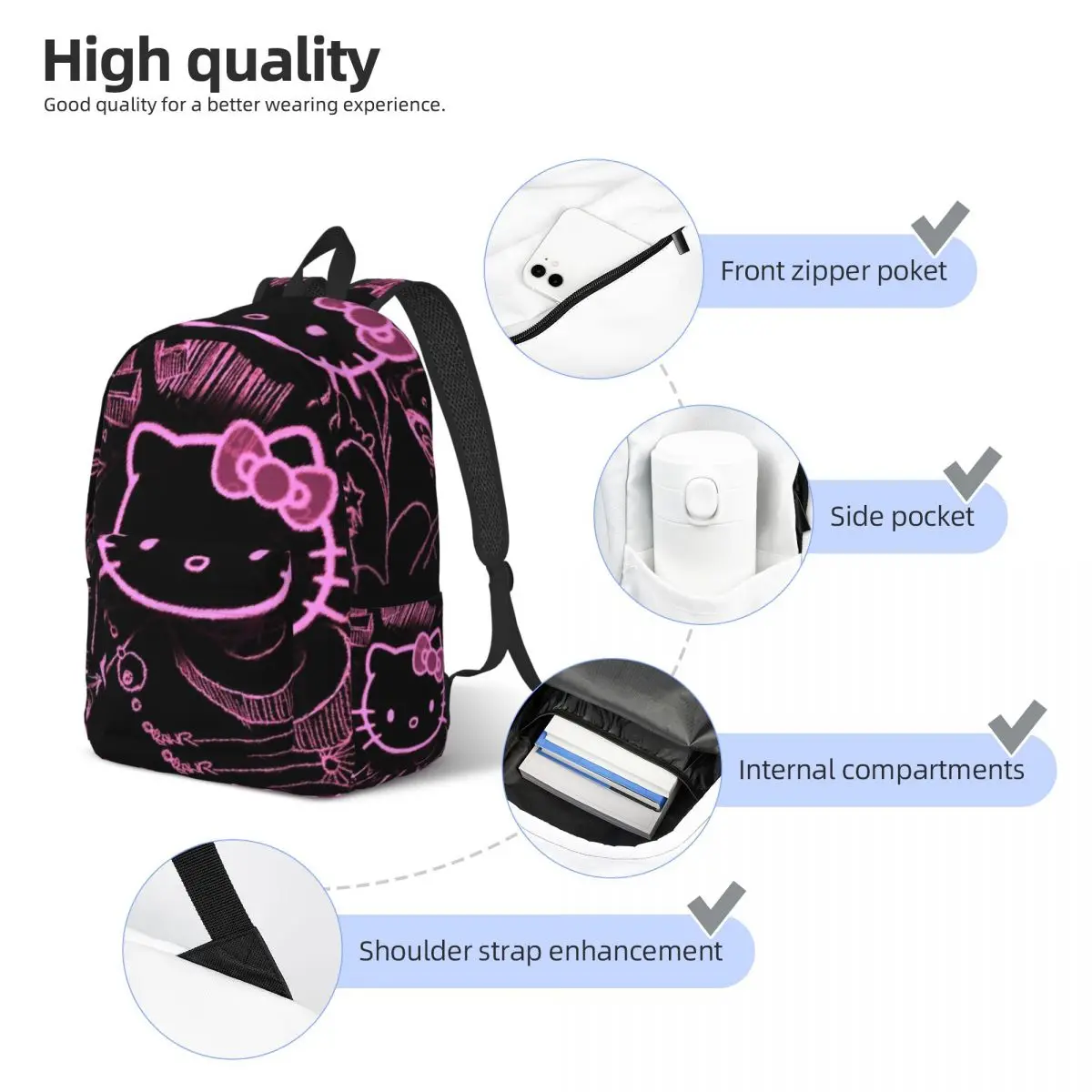 Sac à dos classique de dessin animé Sanurgente Hello Kitty pour hommes, sac à dos de poche Kawaii, sac de voyage de randonnée au lycée, sac initié par ordinateur portable