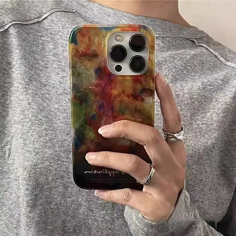 Retro Color Block Amber Smudge Phone Case for IPhone 16 15 14 13 12 11 Mini Pro Max X XR XSMax Plus Glacier Pattern Soft Cover