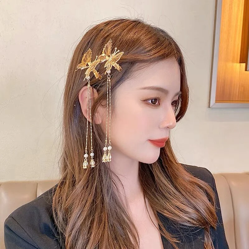 Butterfly Hairpin Hair Accessories Ancient Style Dragonfly Tassel Step Shaking Move Wing Duckbill Clip Butterfly Side Jewelry