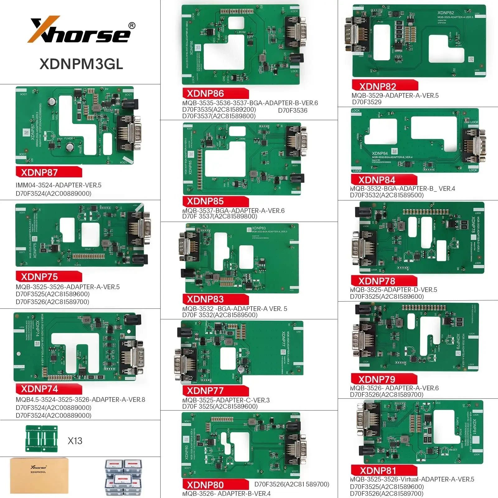 VivaCIn Stock Xhorse Xdnpm3gl Mqb48 Solder-free Adapter 13pcs Full Set Work With Multi-prog, Vvdi Prog, Tool Plus