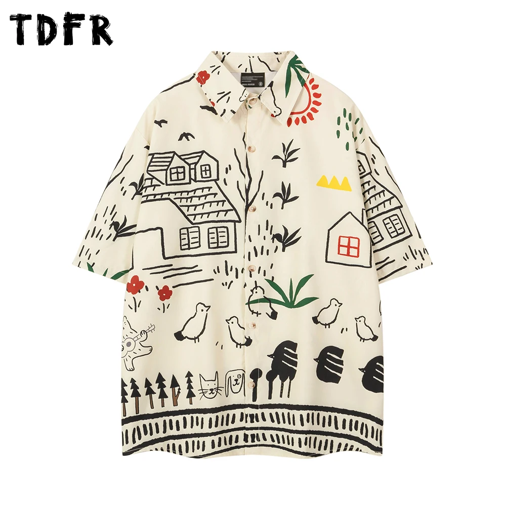 Cartoon Graffiti Short Sleeve Shirts Mens Print Retro Streetwear Single Breasted Lapel Loose Curved Hem Shirts Men